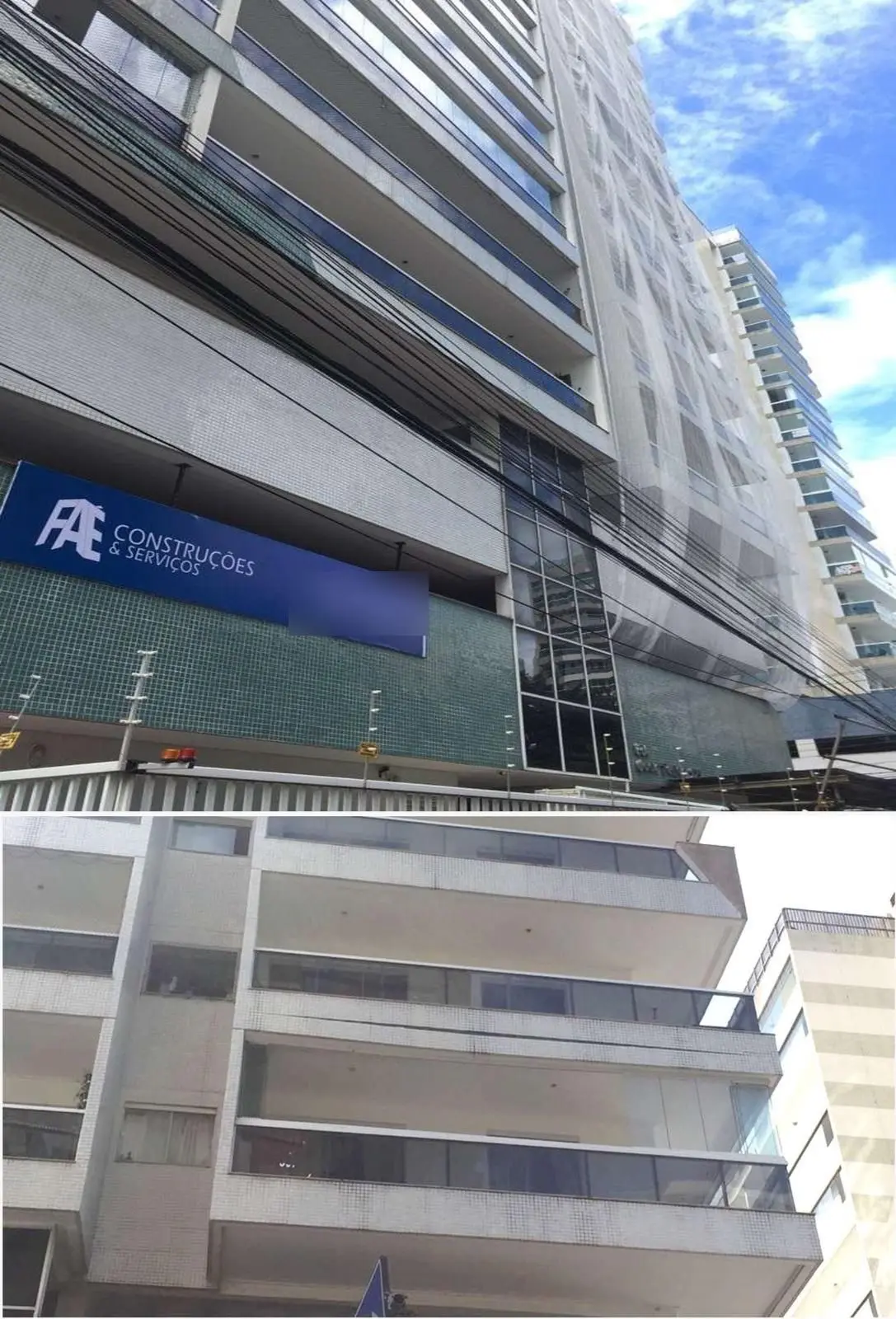 Fachada de edifício em obra de recuperação estrutural com tela de proteção e banner da Faé Construções, em Vila Velha-ES