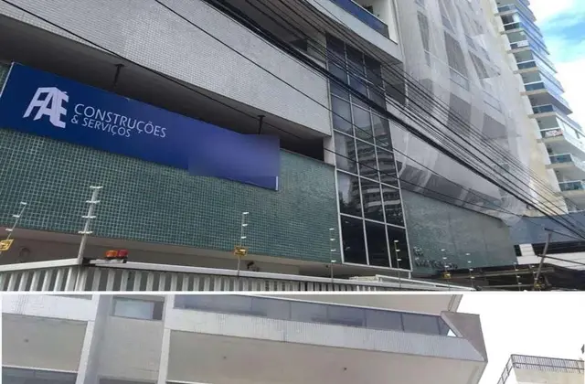 Fachada de edifício em obra de recuperação estrutural com tela de proteção e banner da Faé Construções, em Vila Velha-ES
