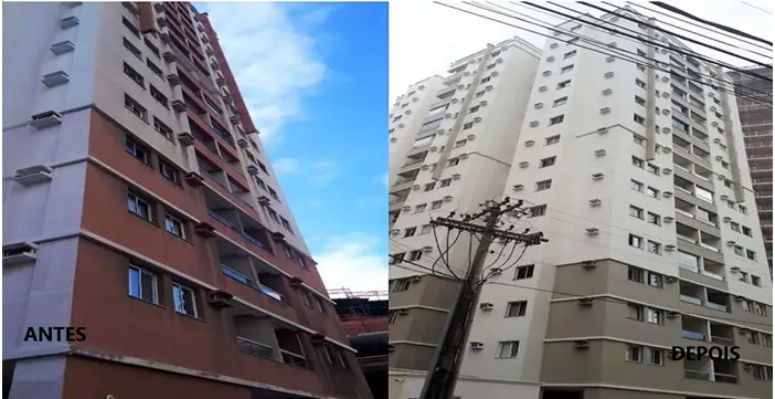 Comparação antes e depois do retrofit de fachada do Edifício Praia Dourada em Vila Velha-ES