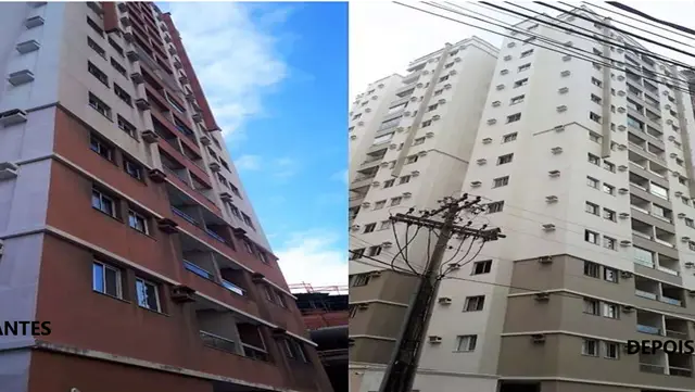 Comparação antes e depois do retrofit de fachada do Edifício Praia Dourada em Vila Velha-ES
