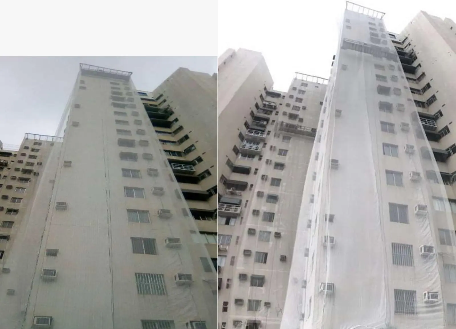 Torres dos condomínios Sur la Pierre e Belle Vue com telas de proteção durante recuperação estrutural em Vitória-ES