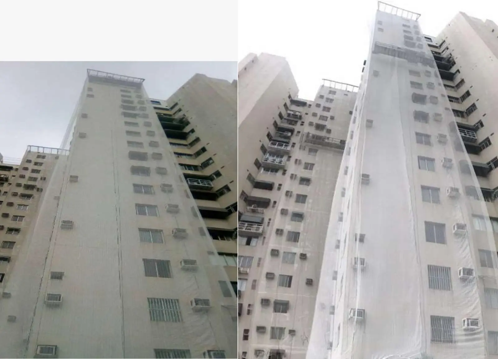 Torres residenciais com tela de proteção durante obra de recuperação estrutural em Vitória-ES