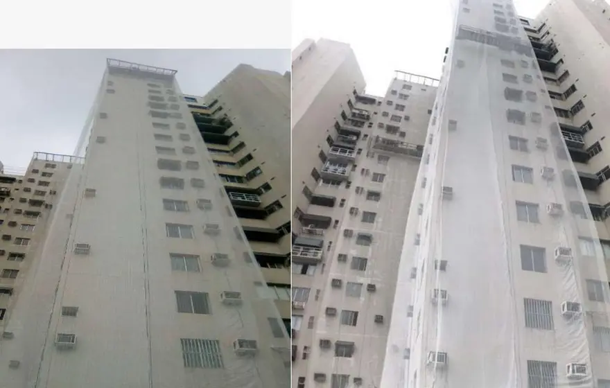 Torres dos condomínios Sur la Pierre e Belle Vue com telas de proteção durante recuperação estrutural em Vitória-ES
