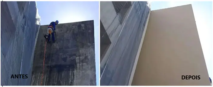Antes e depois de lavagem técnica e pintura de empena no Vitória Apart Hospital, com acesso por corda