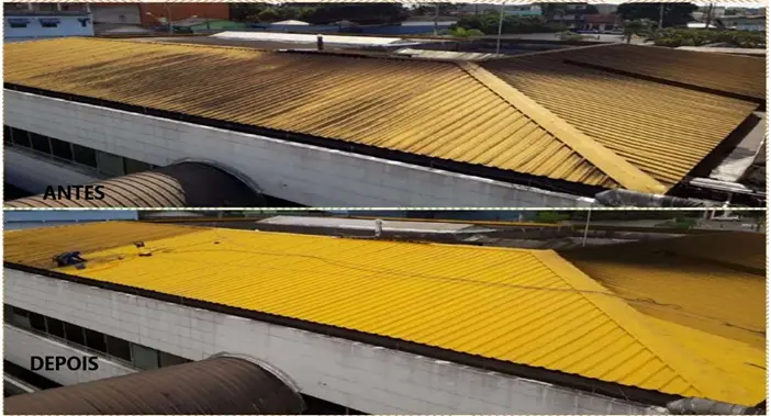 Antes e depois da lavagem técnica do telhado do Vitória Apart Hospital