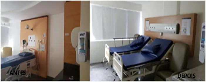 Antes e depois da reforma de quarto hospitalar no Vitória Apart Hospital